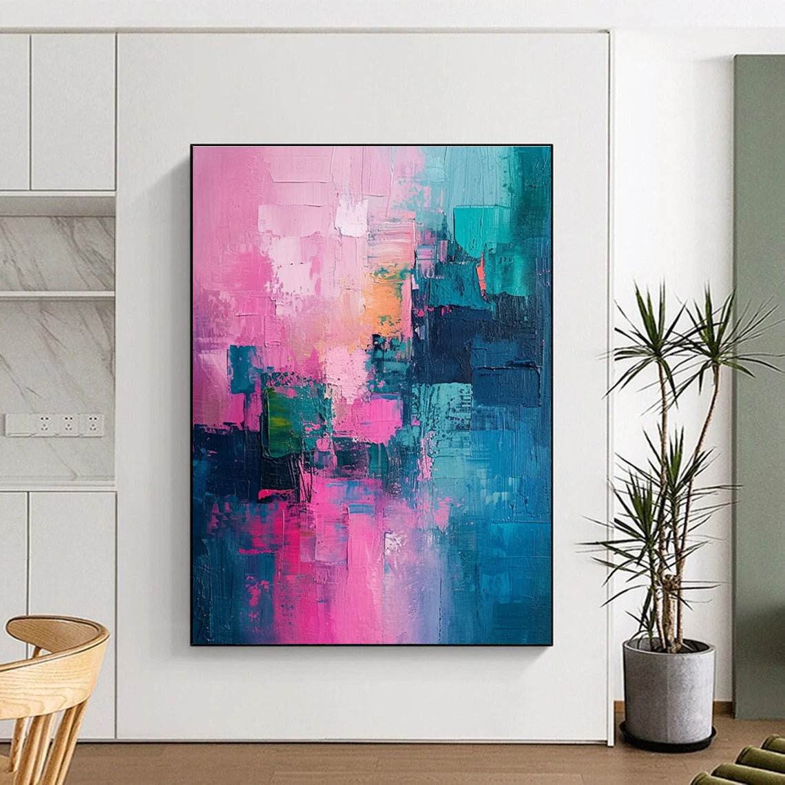 Soft Pink and Blue Abstract Painting with Textured Layers ADGE061