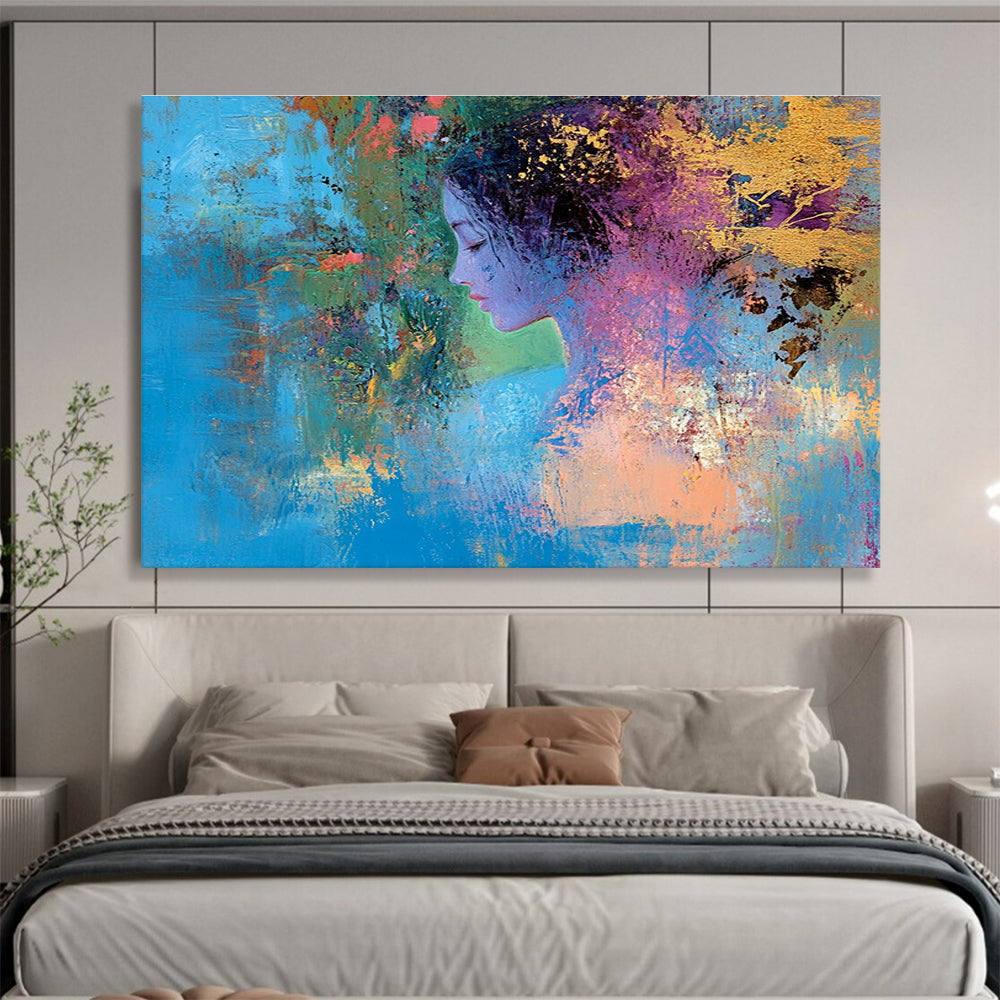 Large abstract painting depicting a female figure intertwining with nature's vibrant colors symbolizing growth through self-improvementSC429