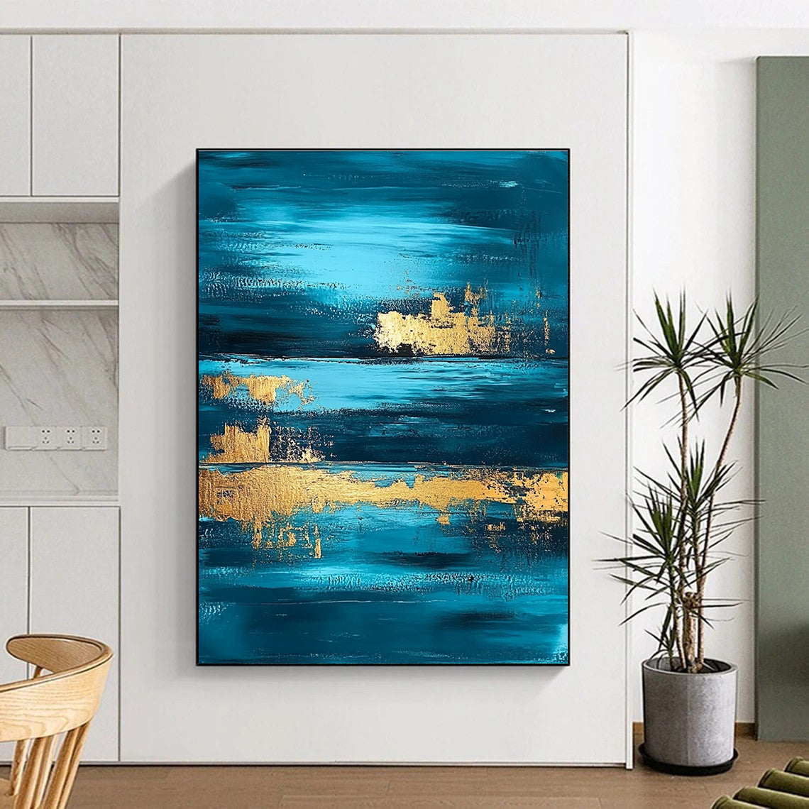 Deep Blue and Gold Abstract Painting with Layered Horizons GER375