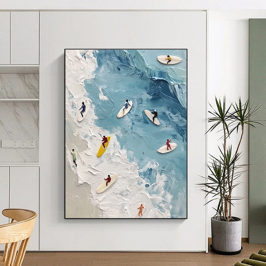 Large abstract painting of surfers on soft blue waves with a wet oil effect featuring soft colors and subtle figures floating in the water.STSC1436