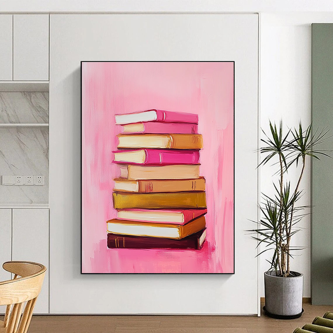 Abstract painting featuring a stack of books on a pink and gold background inspired by Marjolein Bastiaanse minimalist style oil on canvas.STSC1209