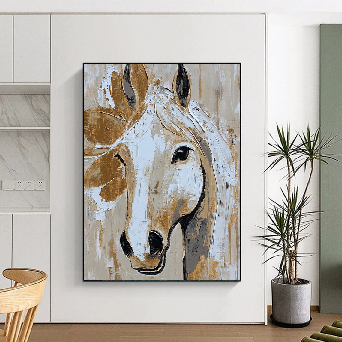 Abstract horse face in beige and white with gold accents reflects rustic farmhouse charm in a detailed expressive painting.STSC073
