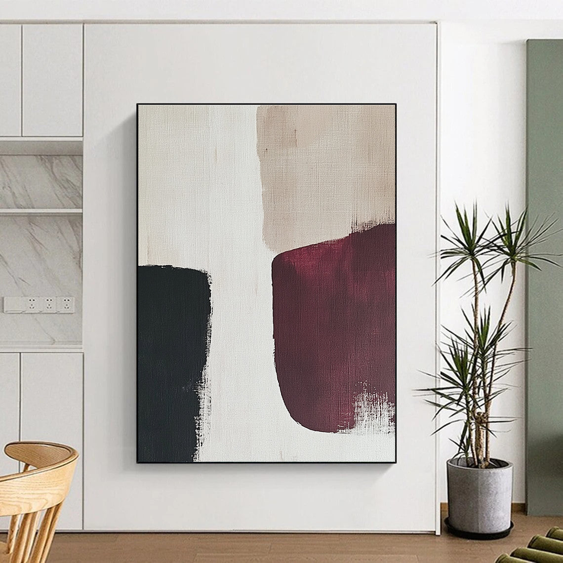 Black and Burgundy Abstract Painting with Bold Forms GER175