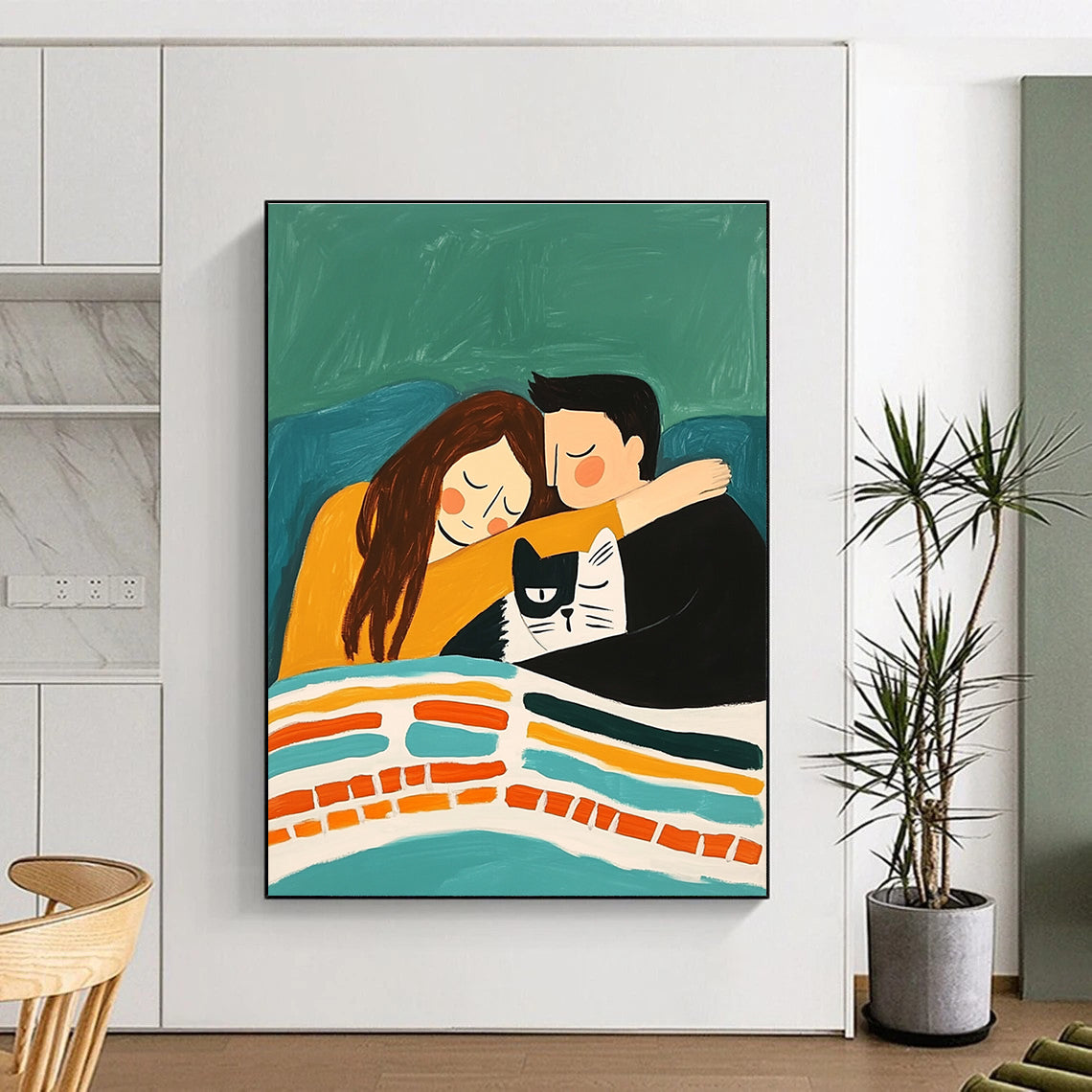 An abstract painting depicting a couple cuddling on a sofa with their cat under a colorful striped blanket against an emerald green background.STSC974