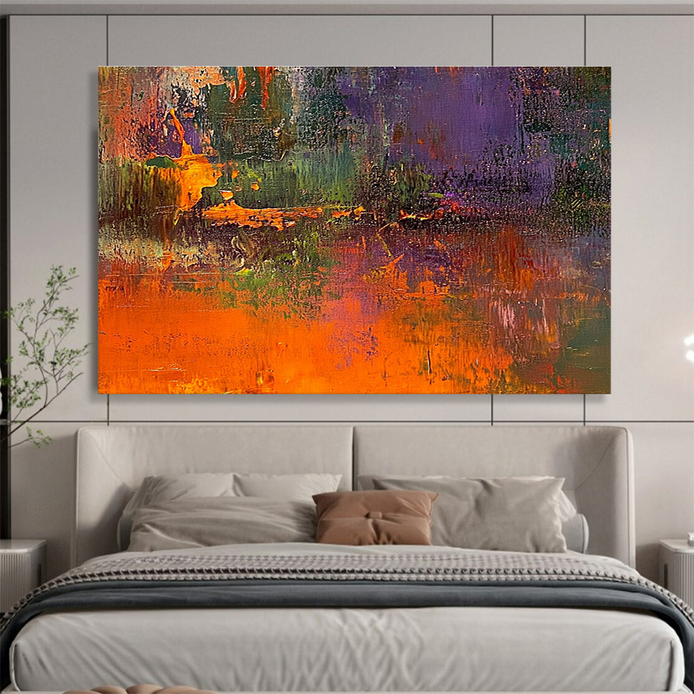 Large abstract painting of the great swamp featuring dark green and orange tones with rich textures and blurred background highlighting vibrant details.SC358