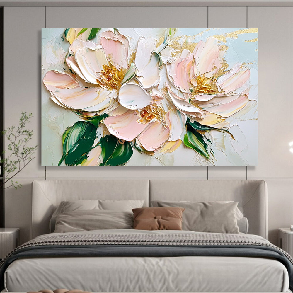 Large abstract oil painting featuring light pink and white flowers with green leaves and gold accents in a thick brushstroke palette knife style.SC123
