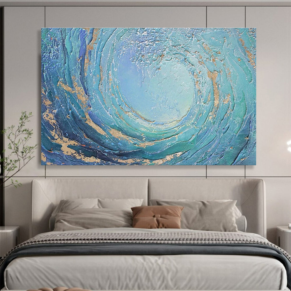 Circular Ocean Wave Abstract Painting with Blue and Golden Accents THY256