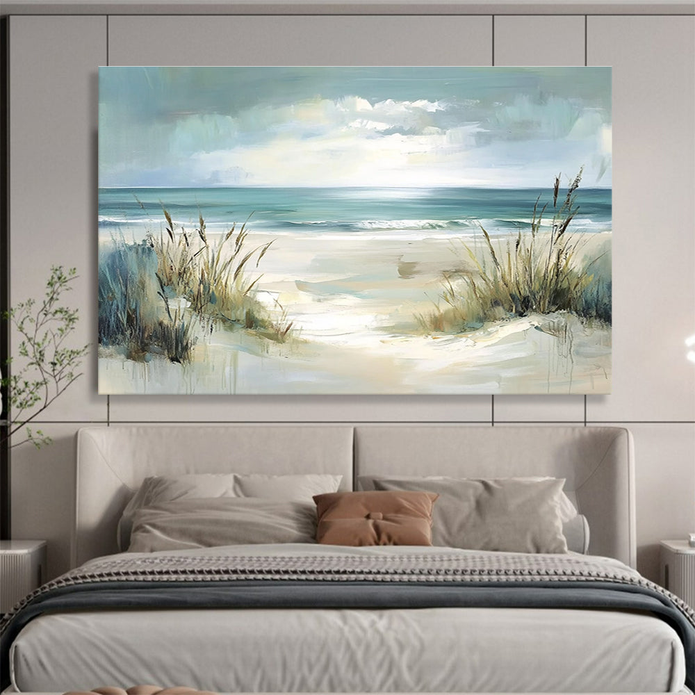 Large abstract painting depicting a serene coastal scene with dunes and ocean in soft pastel teal and blue hues, radiating tranquility and serenity.SC546