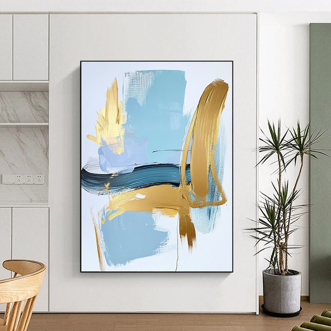 Blue and Gold Minimalist Abstract Painting with Bold Strokes GER582