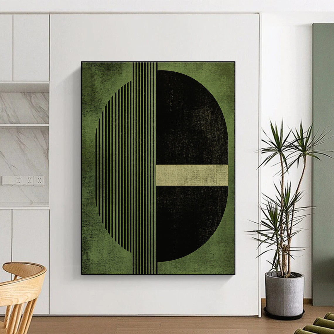 Green Geometric Abstract Painting with Contrasting Elements GER151