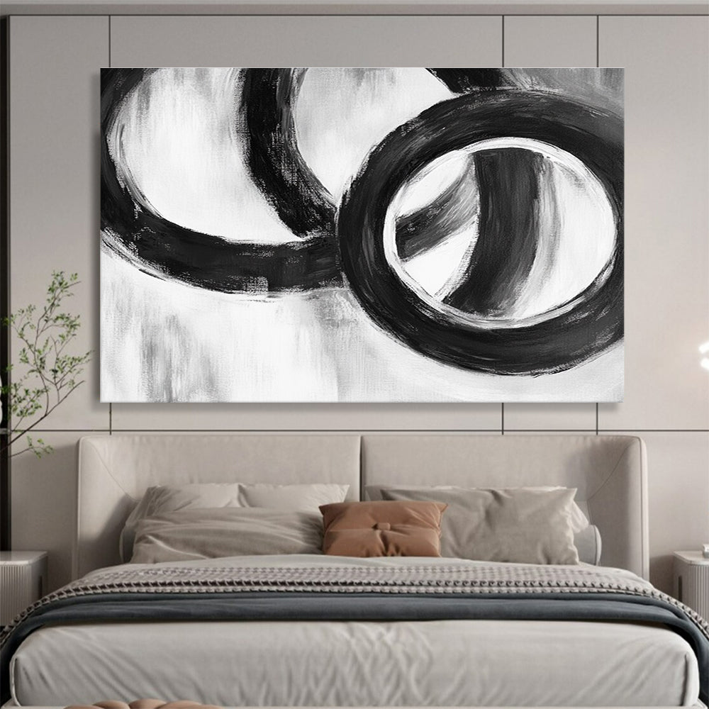 Large abstract painting featuring intertwined rings with simple shapes soft edges and fluid lines on a neutral background.SC013