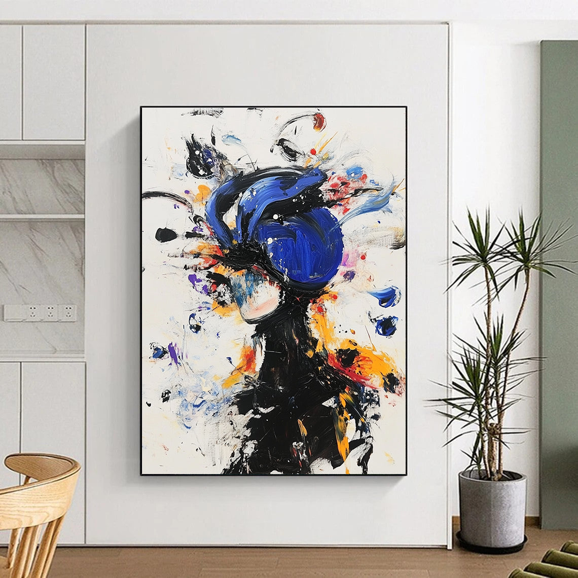 Large abstract painting featuring an anime character in a blue helmet and black outfit surrounded by colorful floating objects and expressive movements.STSC636