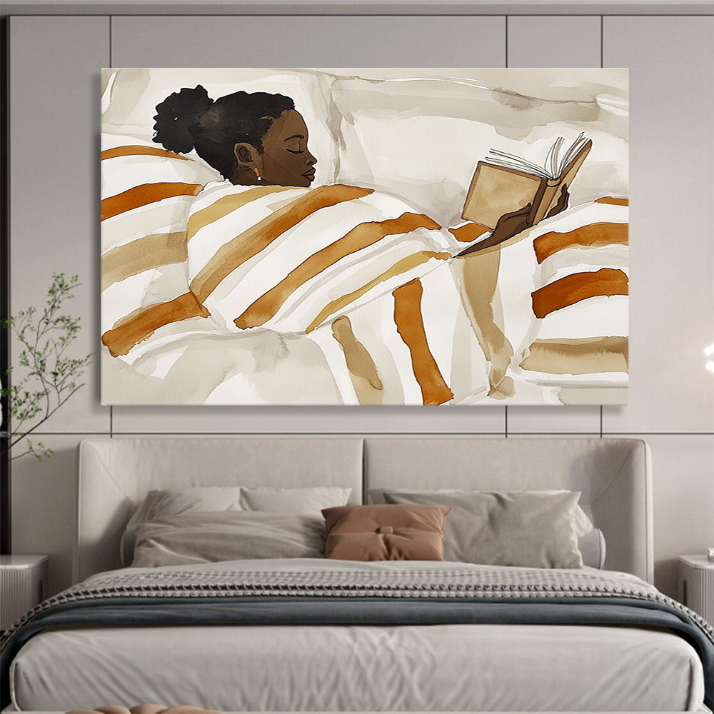 Abstract painting of an African American woman reading in bed with a striped blanket in a neutral color palette featuring simple shapes and minimalistic style.SC617