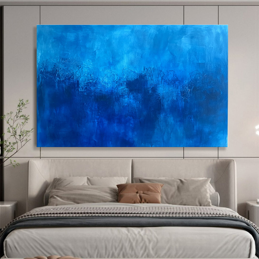 Abstract blue painting featuring deep blue hues and minimalist underwater elements inspired by Le Pho.SC036