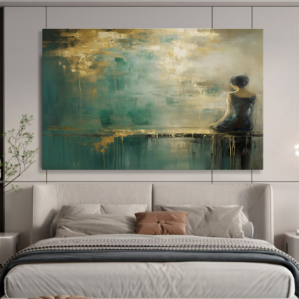 Teal and Gold Tones Figure - in - Landscape Abstract Painting THY086