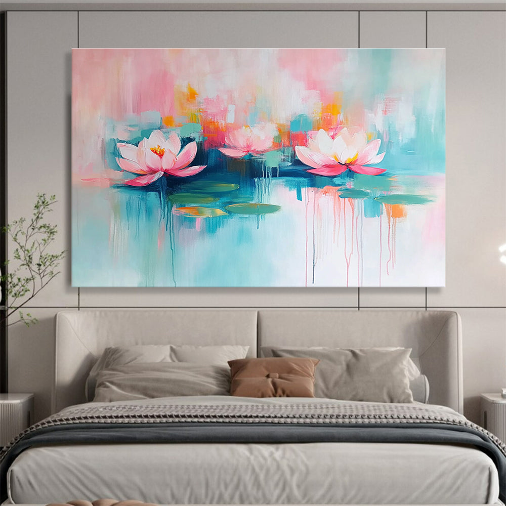 Large abstract painting featuring pink and turquoise water lilies with thick brush strokes on canvas.SC197