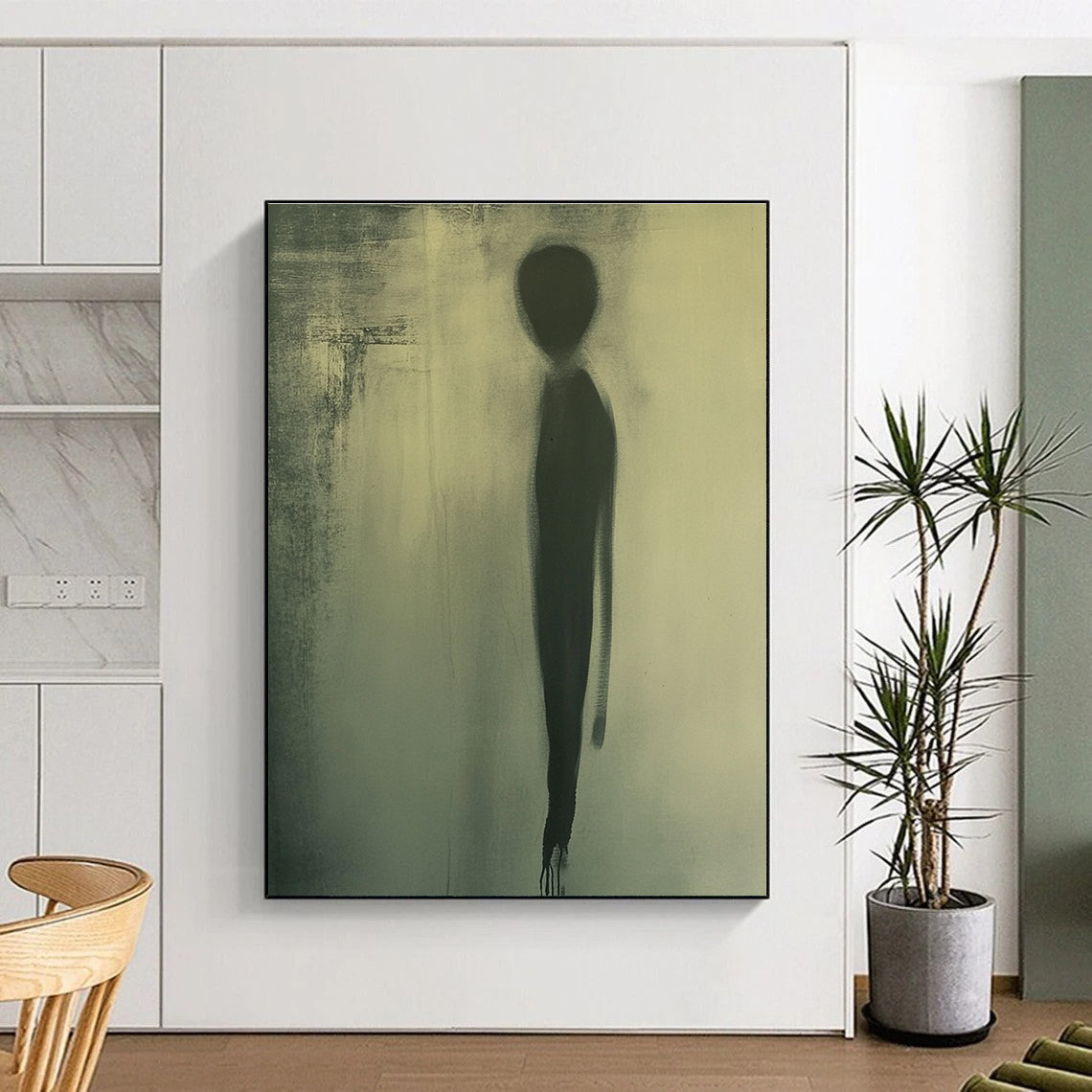 Large abstract painting featuring a faint oval silhouette in muted green tones creating an atmosphere of mystery and intrigue.STSC992