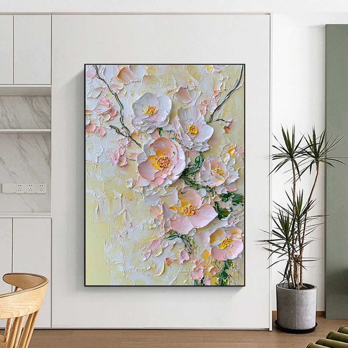 Abstract painting featuring delicate flowers in soft pinks whites and yellows against a pale yellow background with textured oil paint impasto technique.STSC004