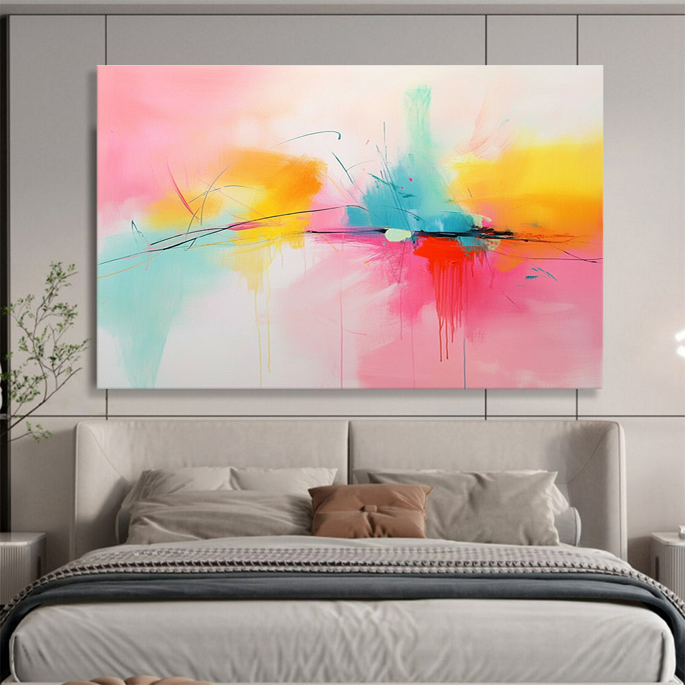 Large abstract painting in pink, yellow, and turquoise featuring dynamic lines and shapes for a vibrant artistic touch.SC144