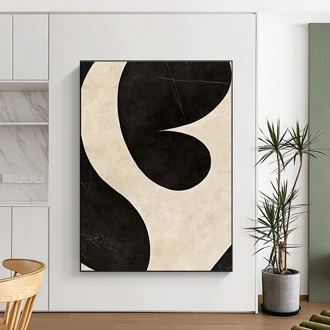 Black and White Curved Abstract Painting with Bold Shapes GER065