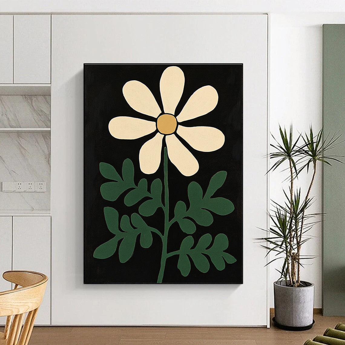 Large abstract painting featuring green fern and white flower on a black background inspired by the styles of Henri Matisse and Bob Staake.STSC1300