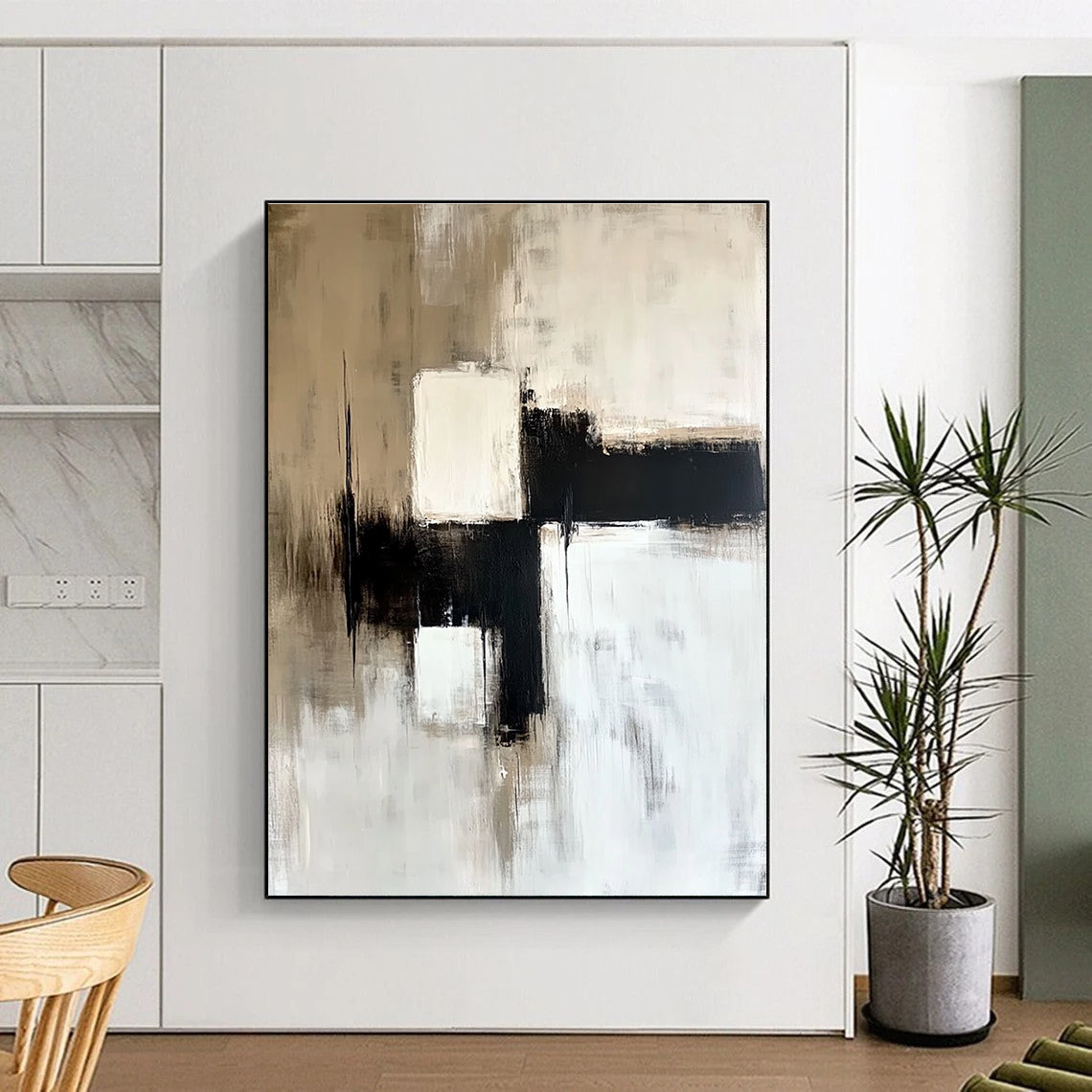 Beige and Black Abstract Painting with Subtle Contrasts GER559