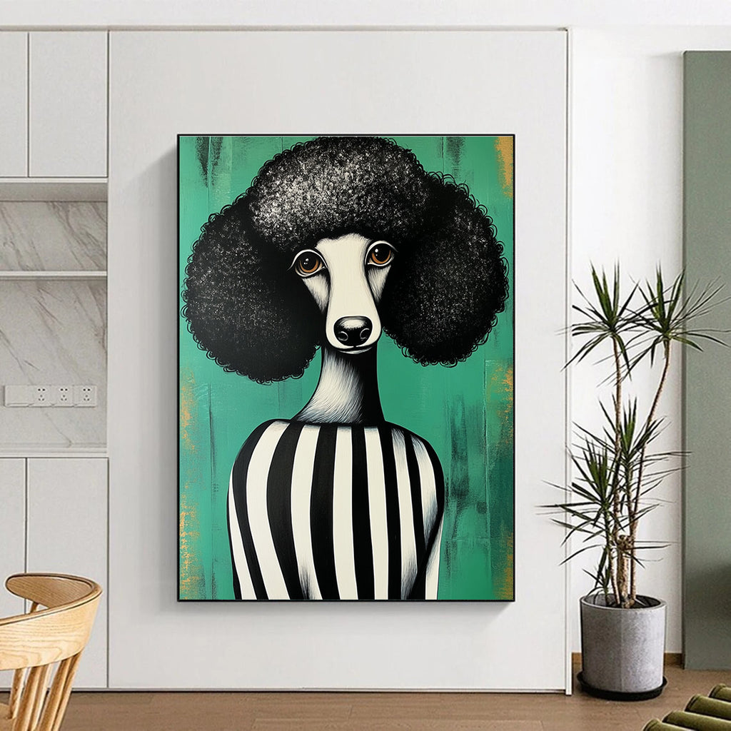 Abstract painting featuring a black and white poodle in a striped dress against a green background inspired by Shepard Fairey style.STSC912