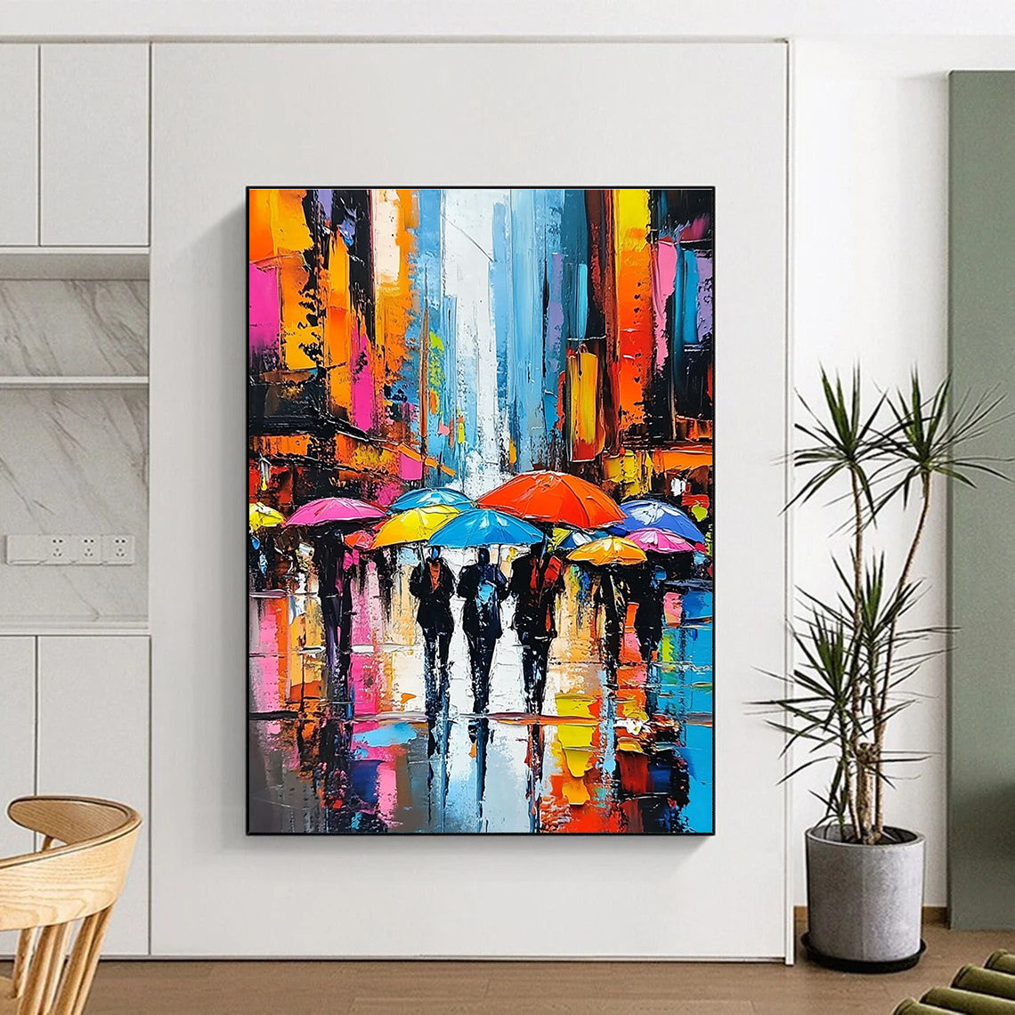 A large abstract painting showcasing vibrant city streets with people under colorful umbrellas and towering skyscrapers emphasizing expressive faces and dynamic brushstrokes.STSC850
