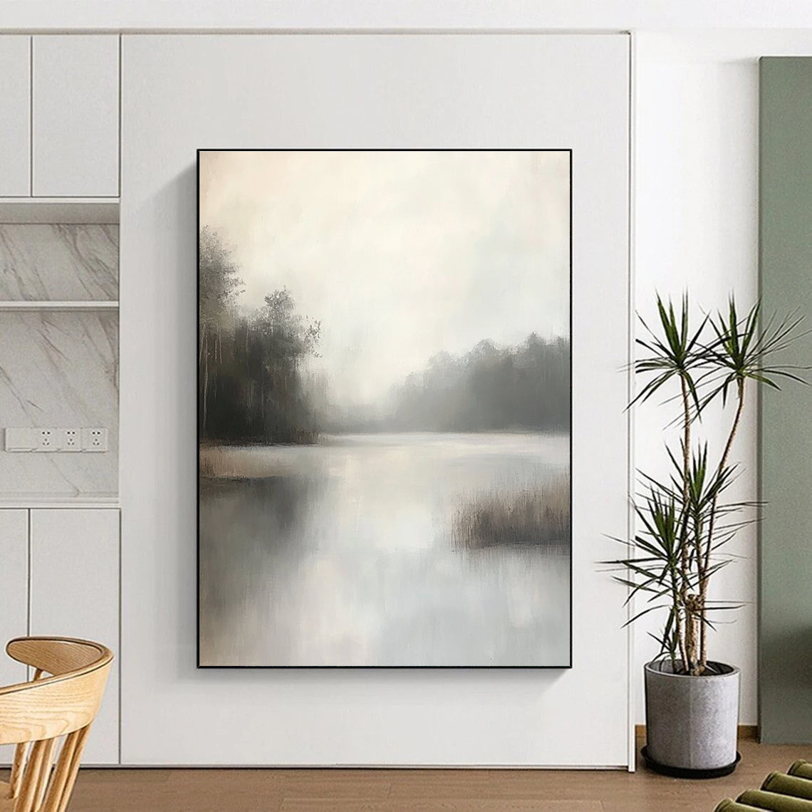 Large abstract painting capturing a misty bayou with muted grey and white tones featuring soft brushstrokes and detailed foliage in a minimalist style.STSC1100