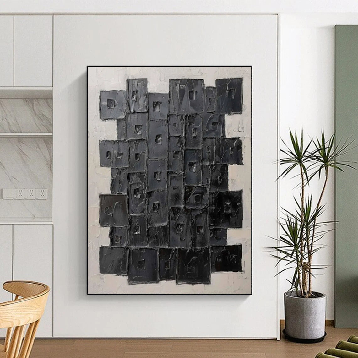Black Squares Abstract Painting with 3D Textures ADGE488
