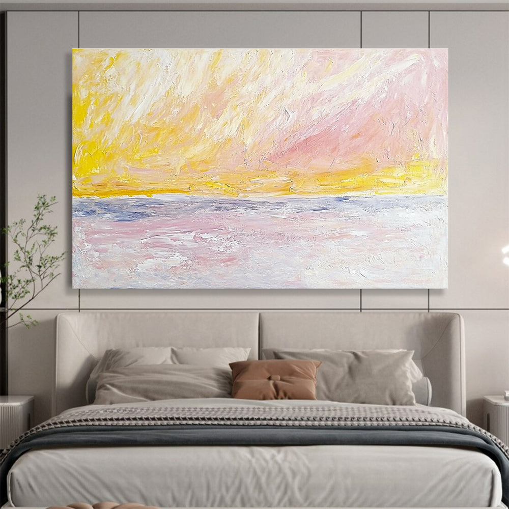 Large abstract painting of sky and sea in Turner style featuring pale pink yellow and beige colors with bold brush strokes.SC365