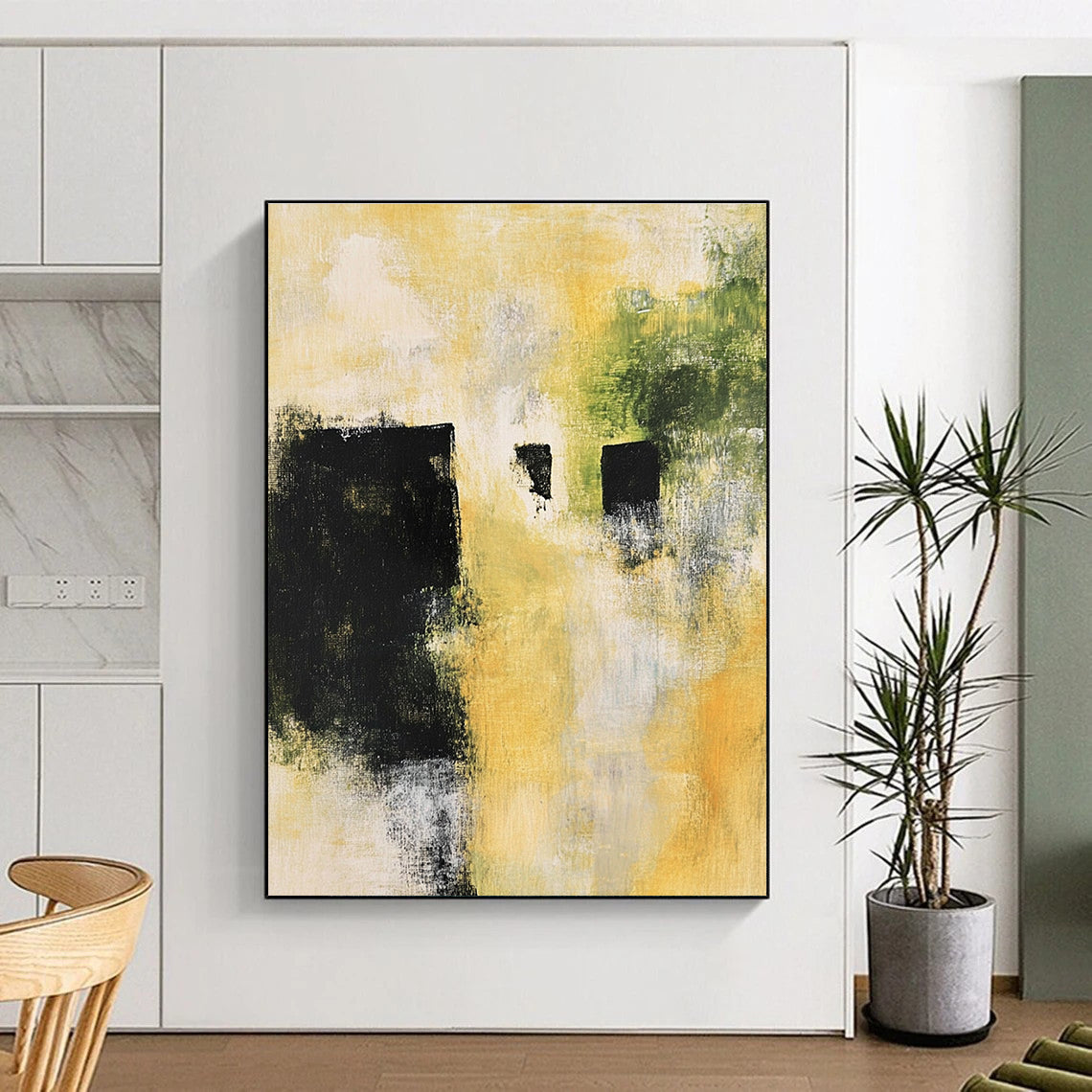 Yellow Green Abstract Painting with Dark Accents GER754
