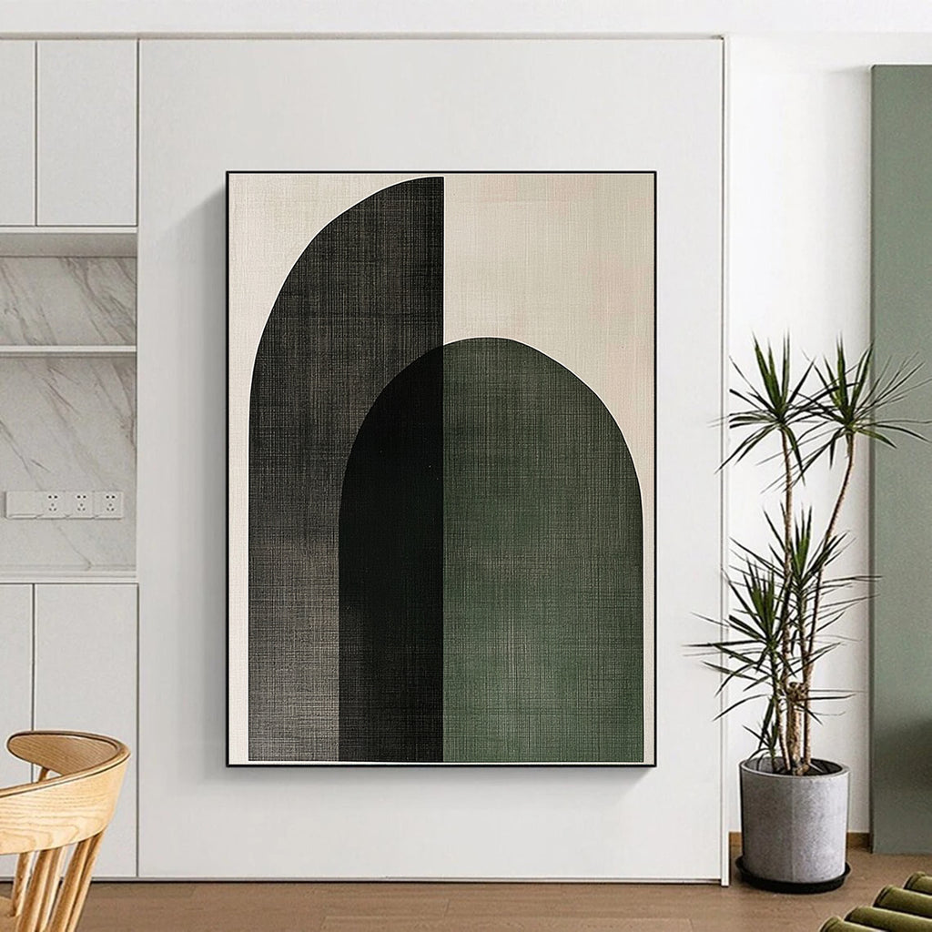 Large Abstract Artwork Featuring Sage Green and Charcoal Gray Arches on Light Beige Canvas Reflecting Scandinavian Minimalism.STSC1074