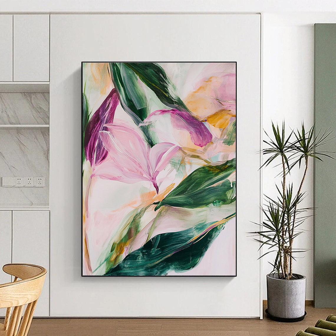 Large abstract painting featuring soft pink and green leaves and flowers with thick brush strokes and a loose style.STSC315