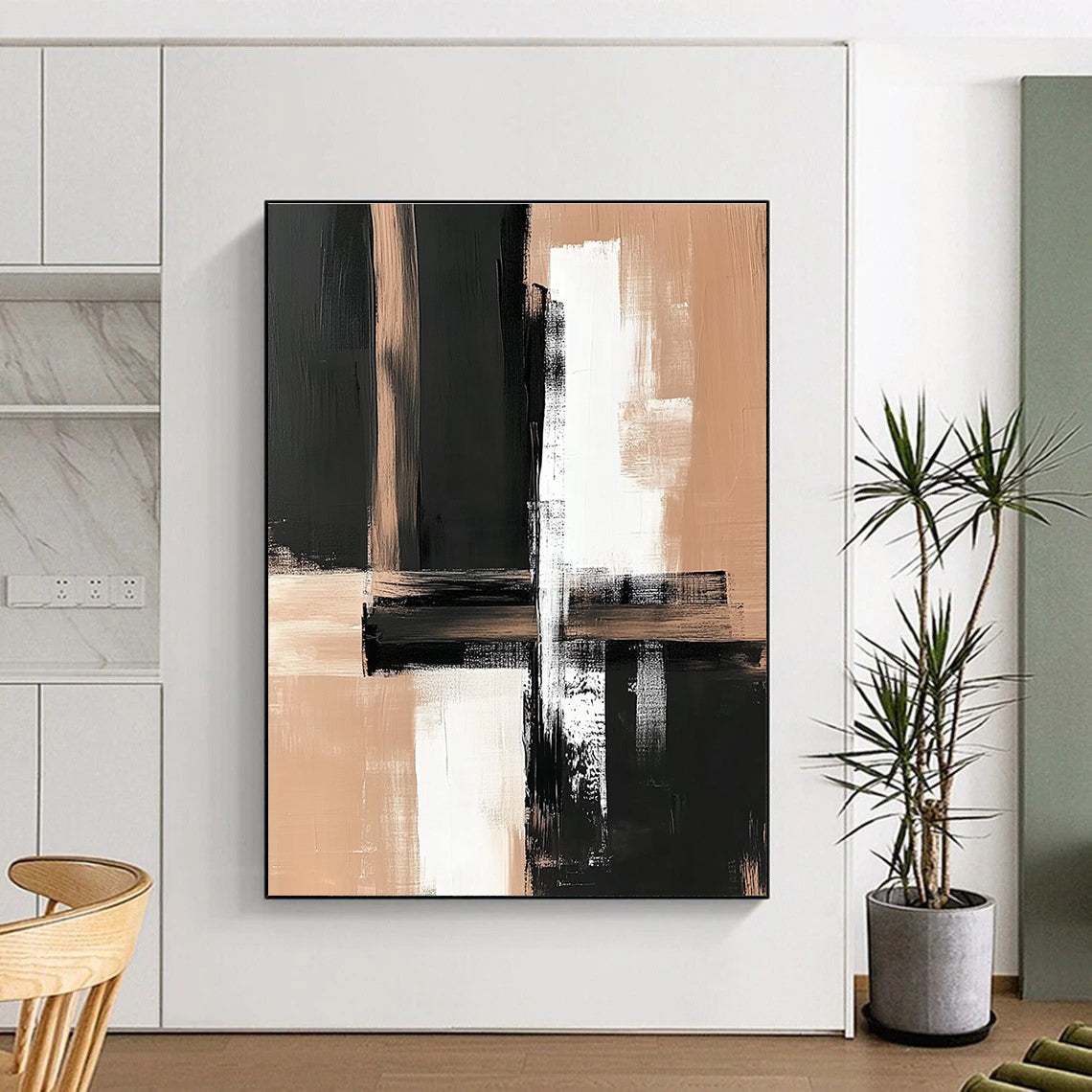 Black Beige Minimalist Strokes Abstract Painting GER861