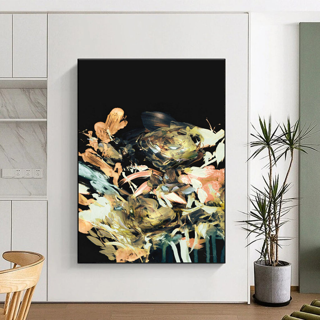 Colorful Floral Abstract on Black Background Painting ADGE171