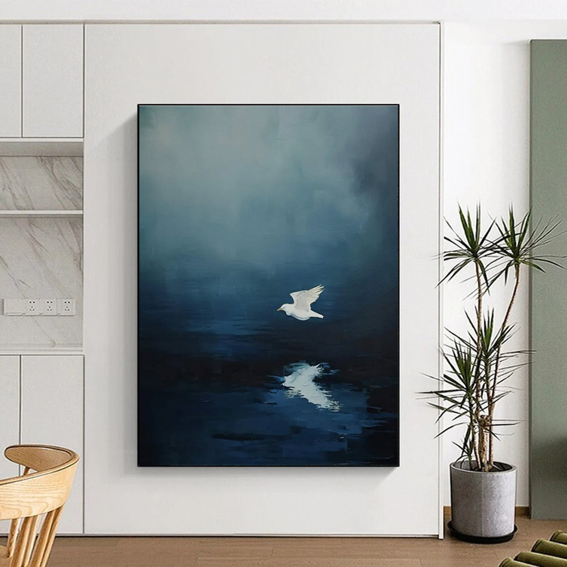 Seagull Reflection Abstract Painting with Deep Blues ADGE478