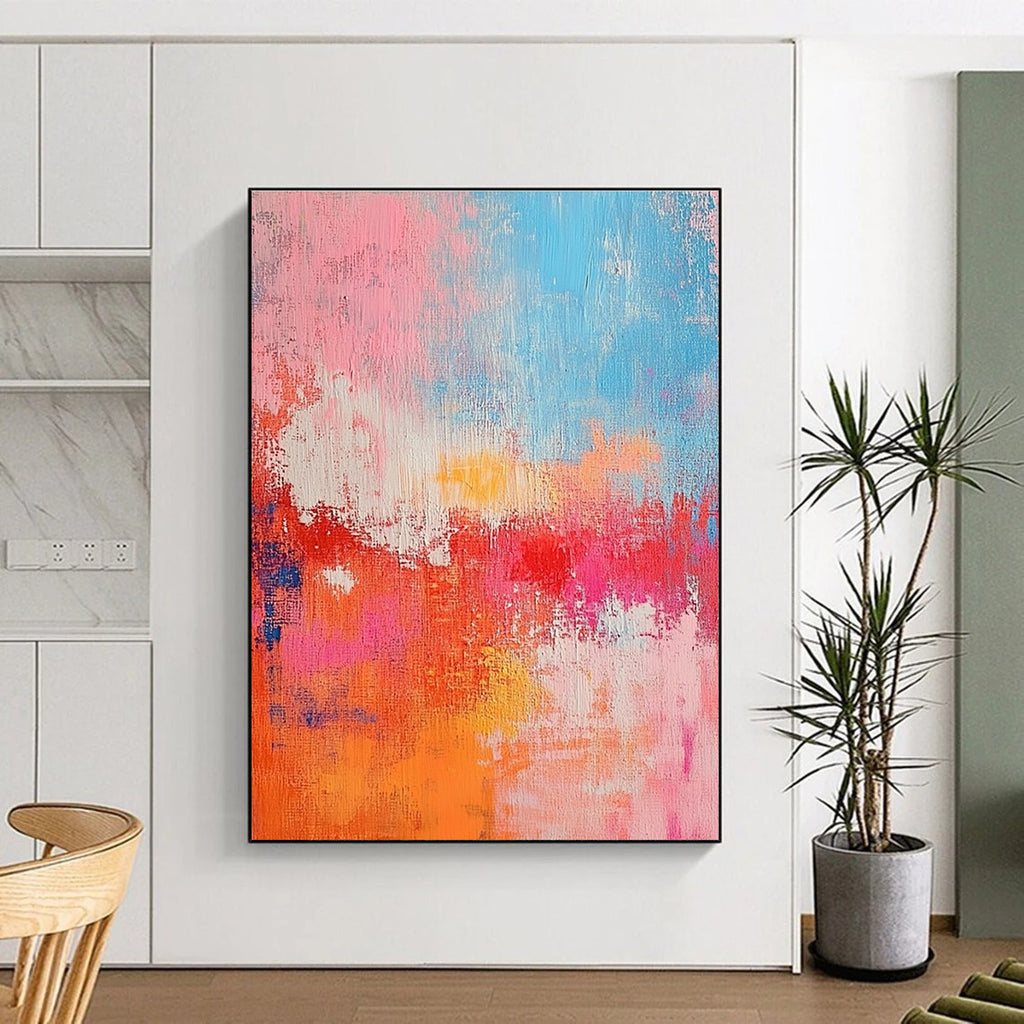 Pink Orange and Blue Abstract Painting with Textured Surfaces GER698