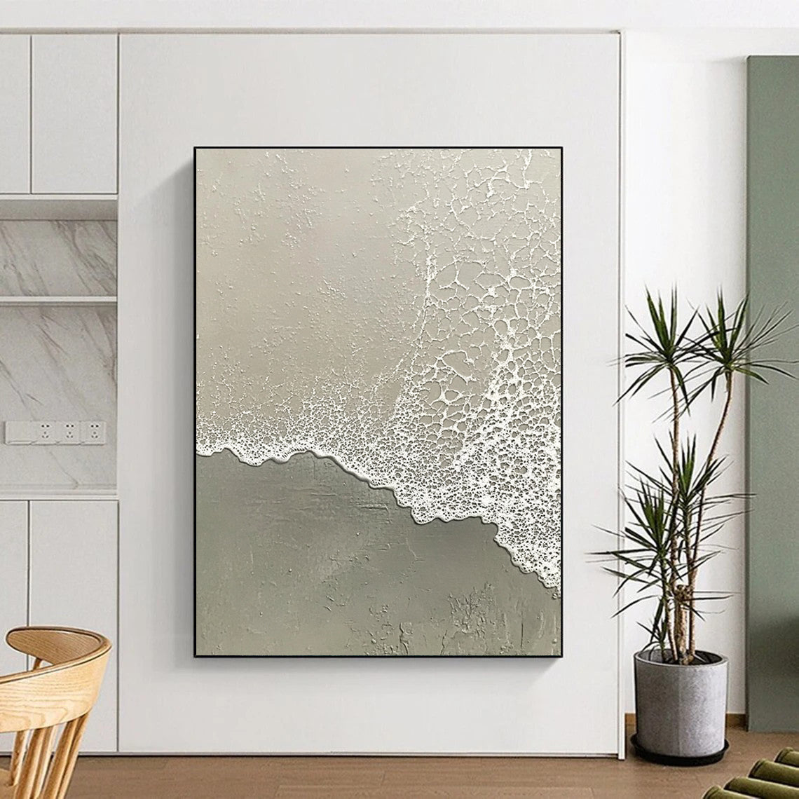 Abstract painting depicting the serene transition of water meeting sand with muted tones of grayish-white and light green.STSC955