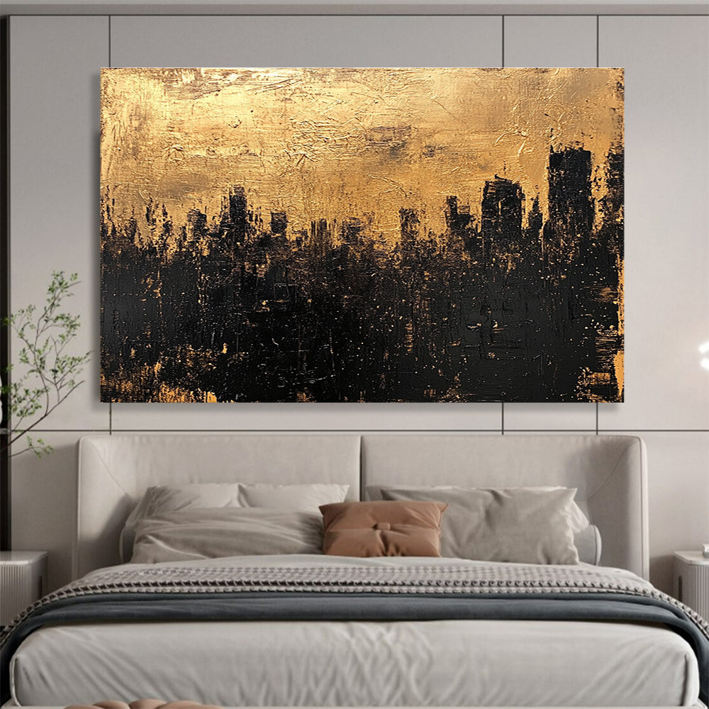 Gold and Black Cityscape Abstract Painting with Textured Layers DYP302
