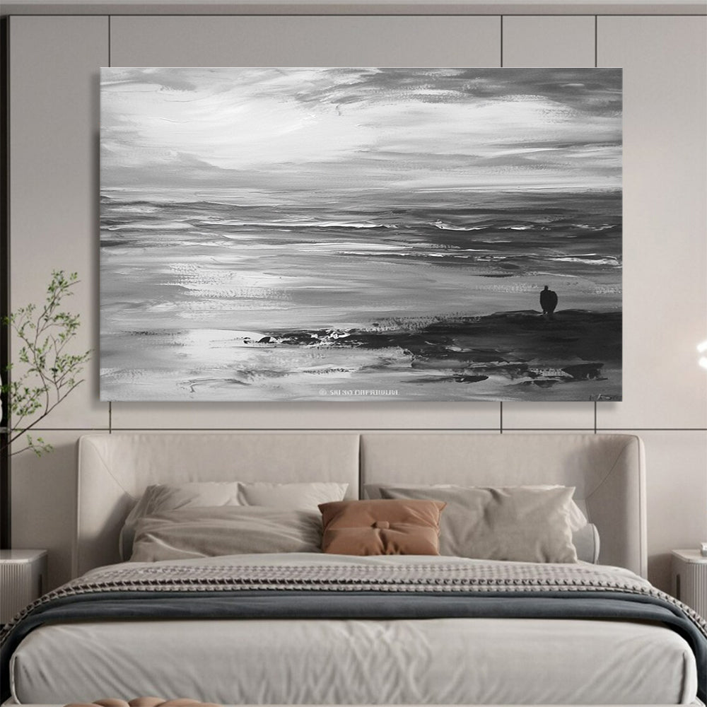 Large abstract painting of the ocean horizon and sky in gray tones with visible brush strokes on canvas.SC015
