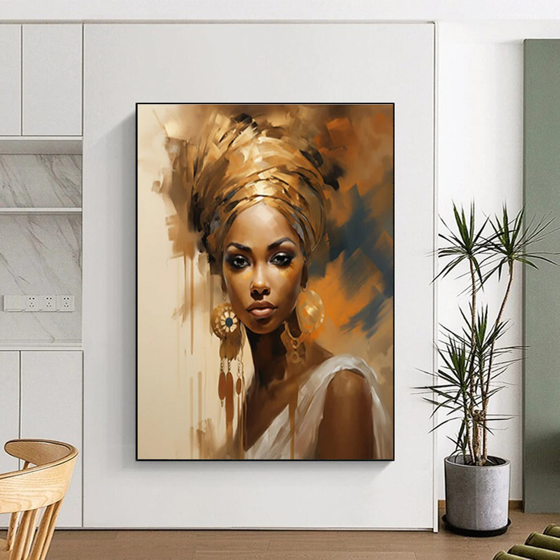 Golden - Hued Portrait with Ornate Details Abstract Painting ADGE125