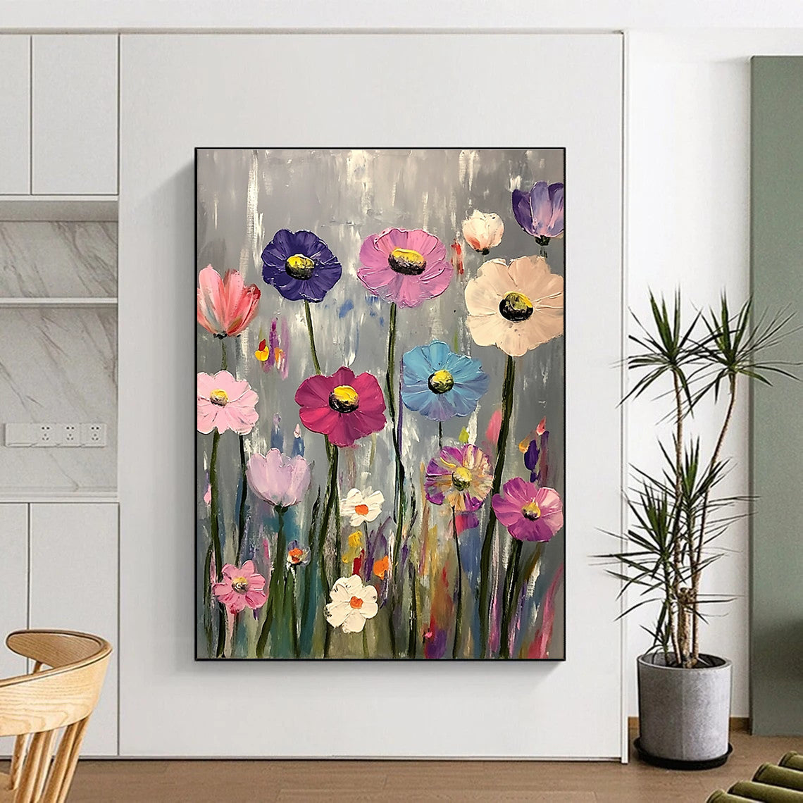 A large abstract painting featuring vibrant pink purple blue and white flowers against a gray background in the style of Claude Monet.STSC1033