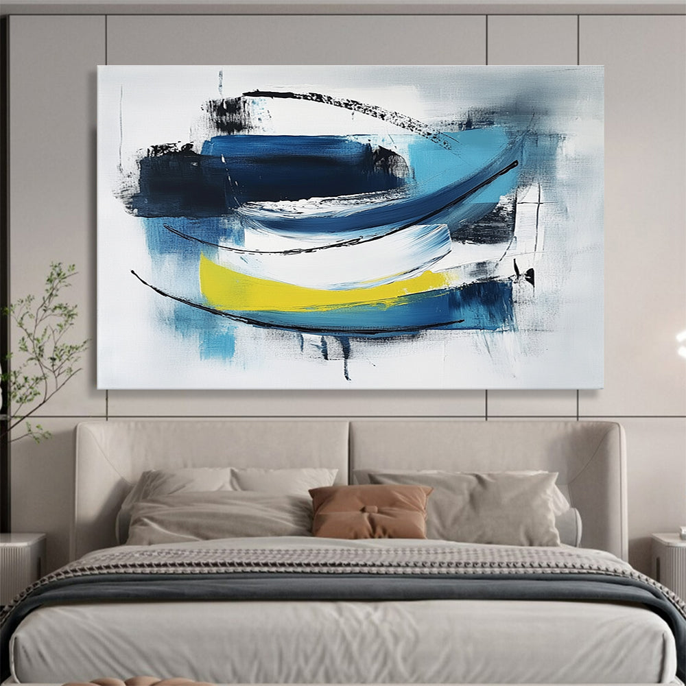 Abstract painting featuring blue black and white minimalist brush strokes on light gray with thick lines simple shapes and yellow accents.SC033