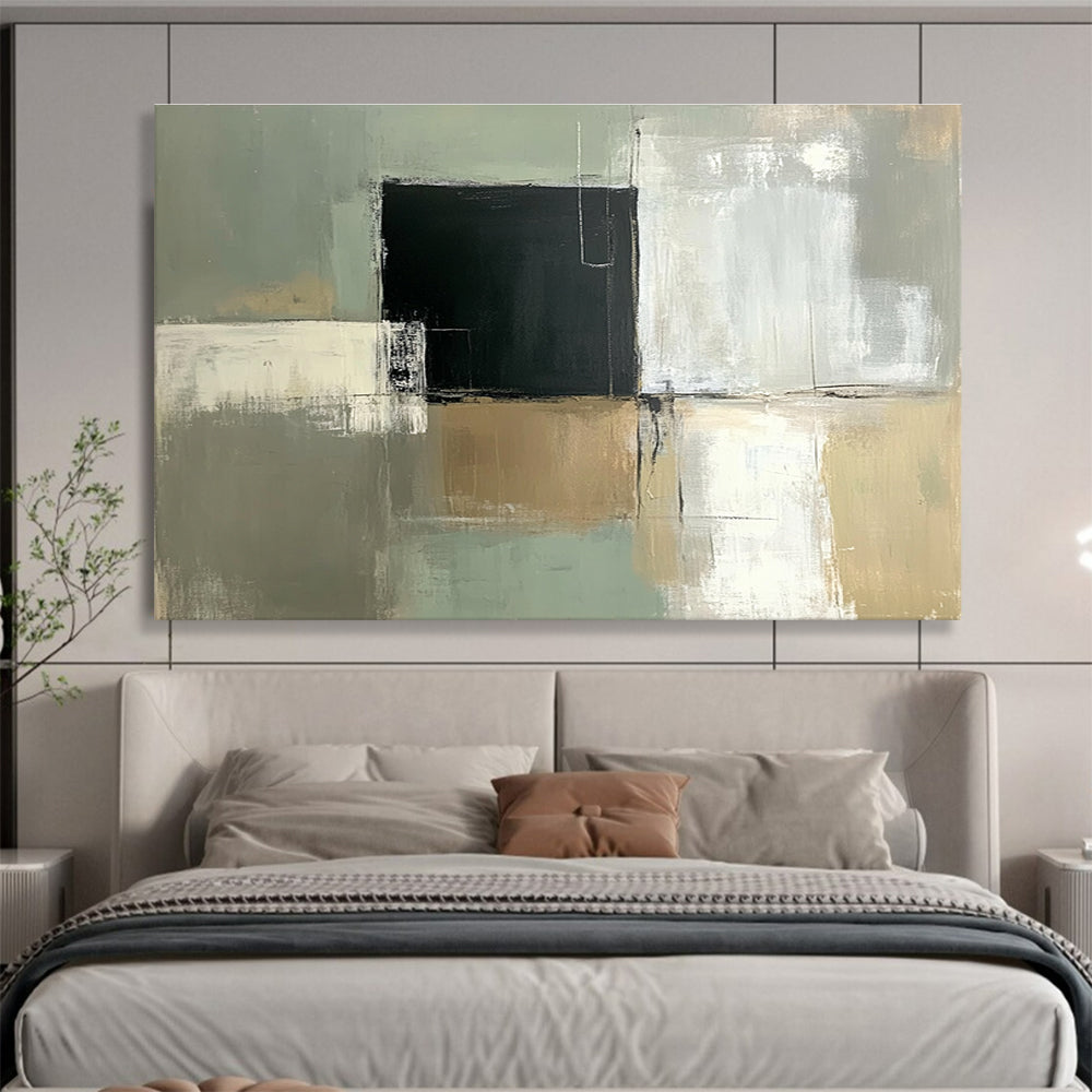 Large abstract painting featuring a pale green and white color scheme with a central black square and simple lines on a grey background.SC210