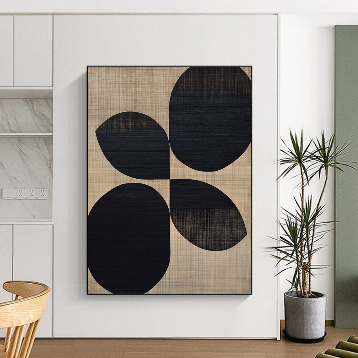 Large abstract painting featuring black oval shapes on a beige wood grain background reflecting midcentury modern organic design.STSC312
