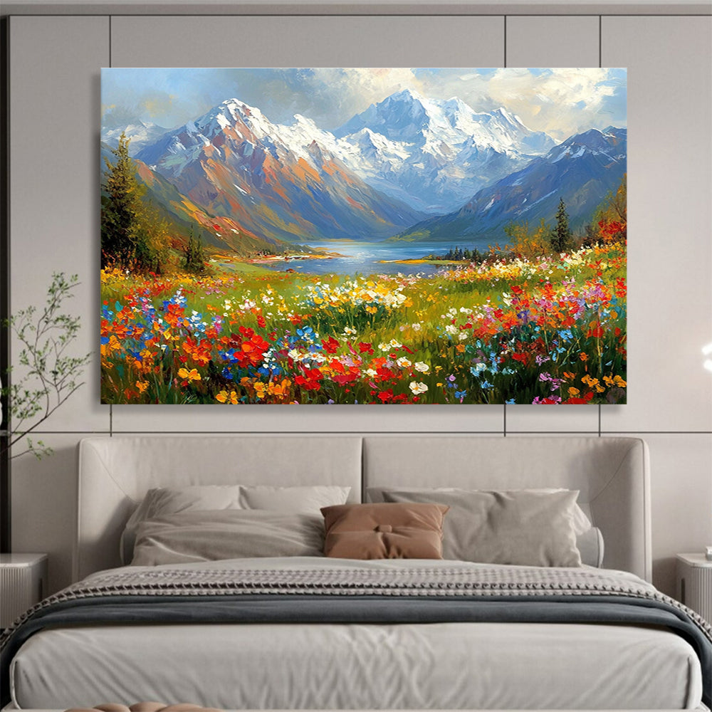 Flower - Filled Mountain Valley Abstract Painting with Colorful Blossoms DYP577