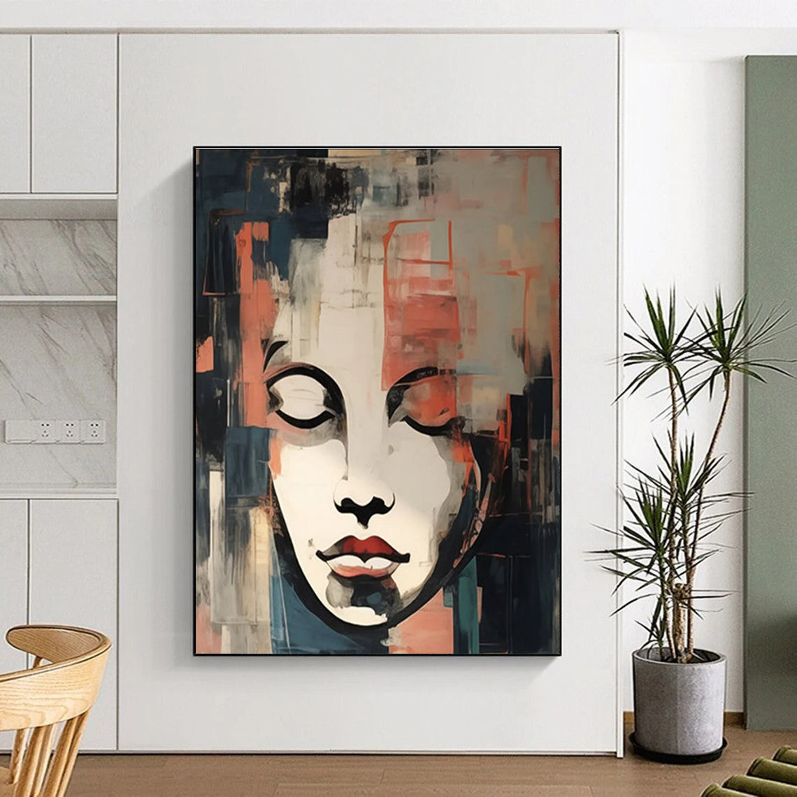 Cubist - Style Portrait Abstract Painting with Red, Blue, and Gray ADGE124