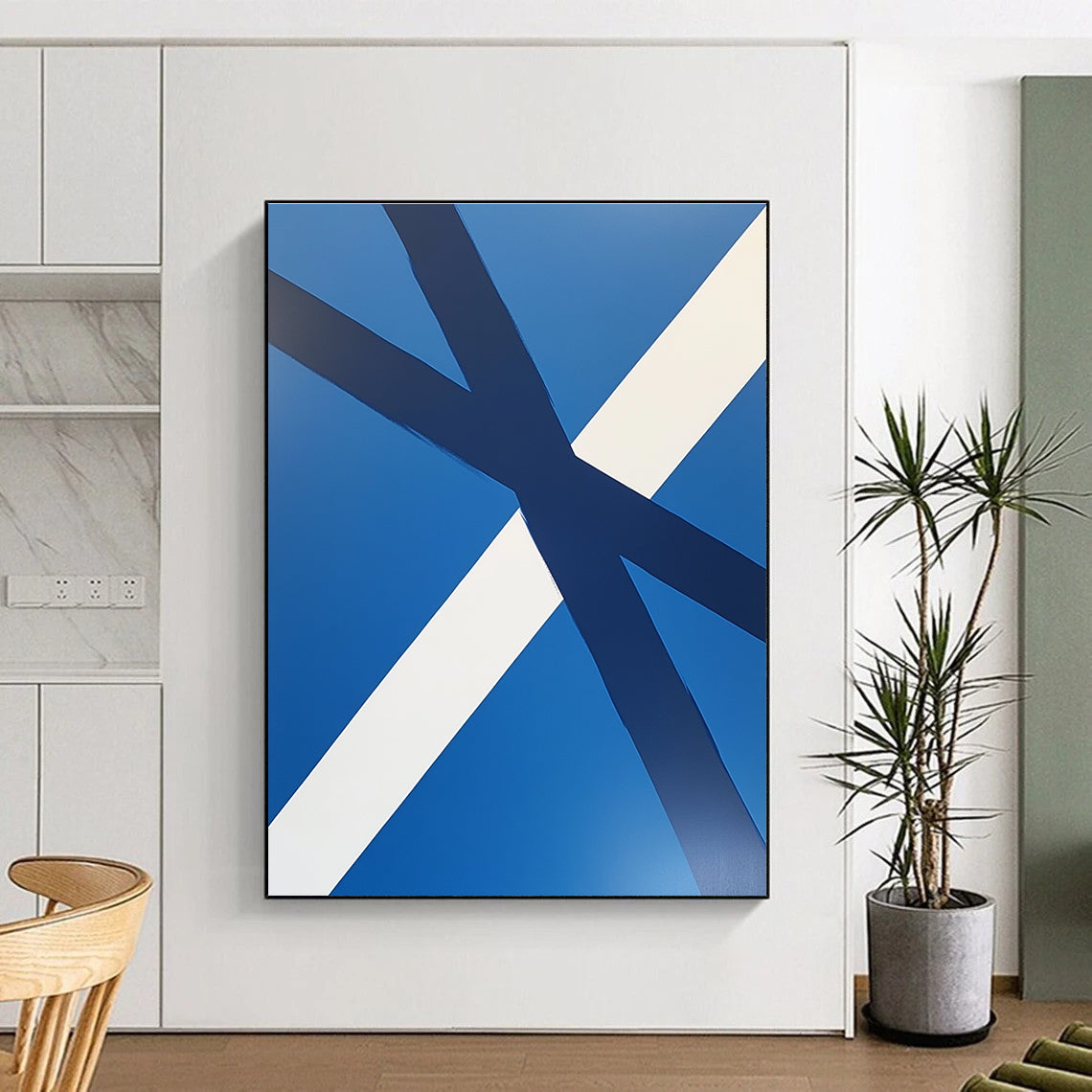 Blue and White Crossed Ribbons Abstract Painting with Clean Lines GER023