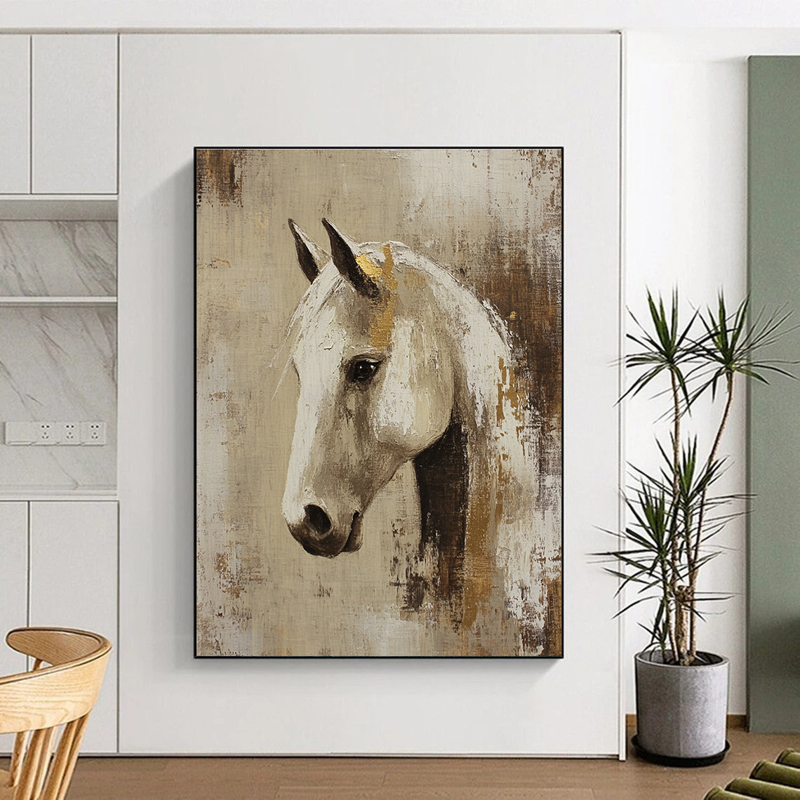 Abstract oil painting featuring an Arabian horse head in beige and white with gold accents set against a rustic neutral background.STSC143